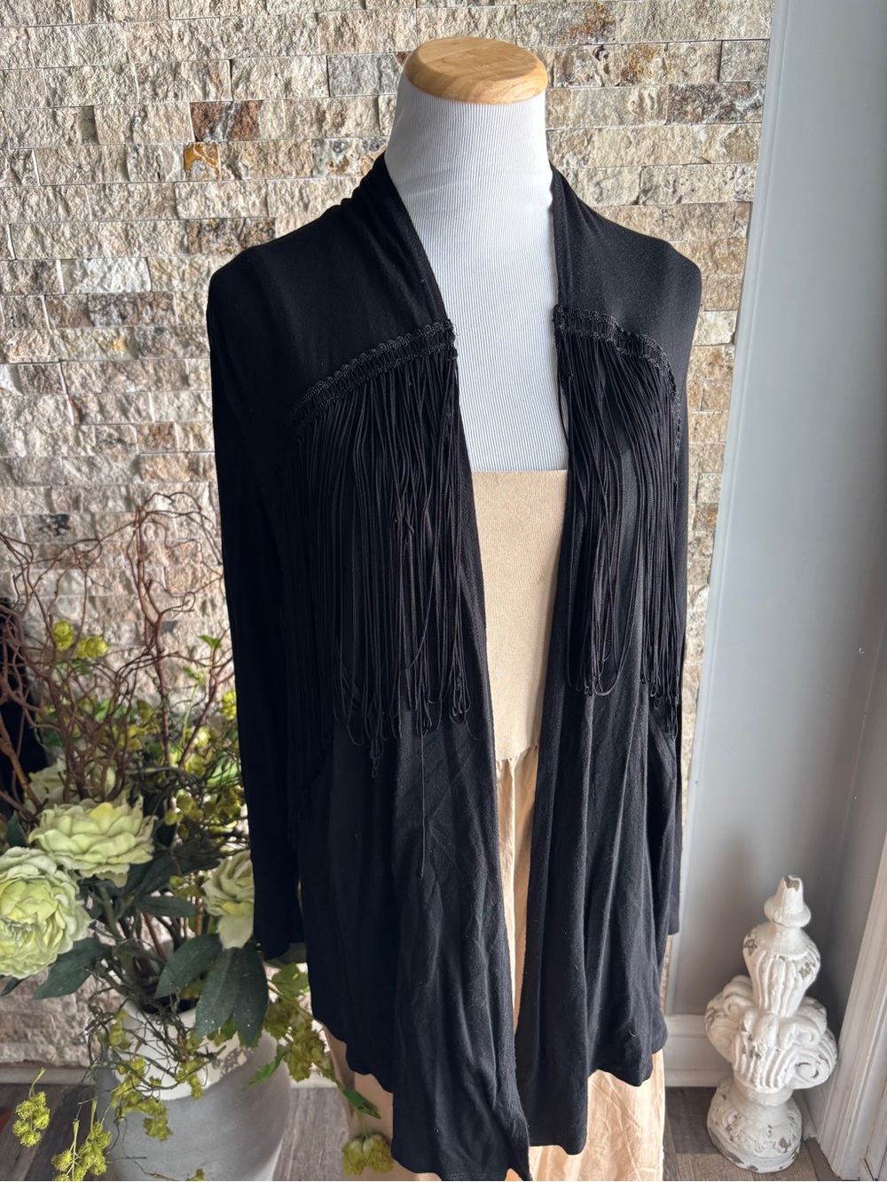 INC International Concepts Black Fringe Open Front Blazer